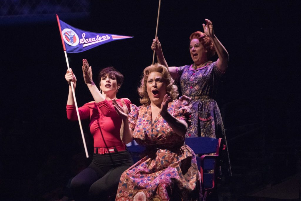 Lindsay Roginski as Lola, Mary Jo Mecca as Sister and Kim Arnett as Doris in Damn Yankees produced b