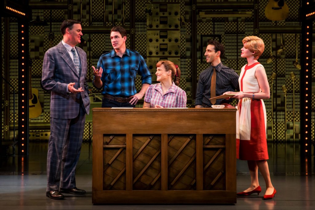 (L to R) James Clow as Don Kirshner, Andrew Brewer as Gerry Goffin, Sarah Bockel as Carole King, Jac