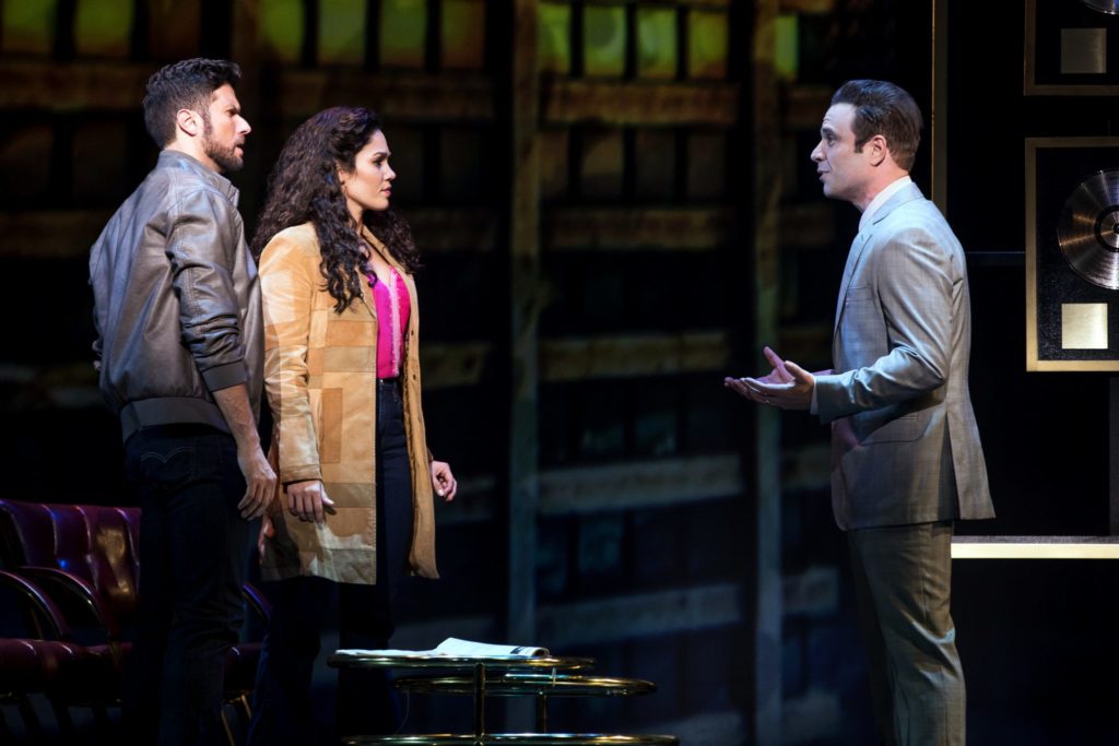 Mauricio Martinez as Emilio Estefan, Christie Prades as Gloria Estefan and Devon Goffman as Phil in the Broadway On Tour presentation of ON YOUR FEET! Oct. 30 – Nov. 4, 2018 at the Sacramento Community Center Theater. Photo by Matthew Murphy.