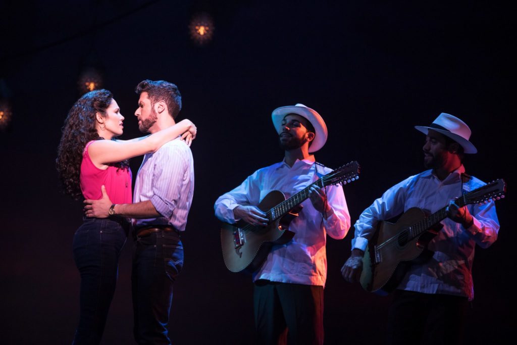 Christie Prades as Gloria Estefan, Mauricio Martinez as Emilio Estefan, Danny Burgos and Omar Lopez-Cepero in the Broadway On Tour presentation of ON YOUR FEET! Oct. 30 – Nov. 4, 2018 at the Sacramento Community Center Theater. Photo by Matthew Murphy.