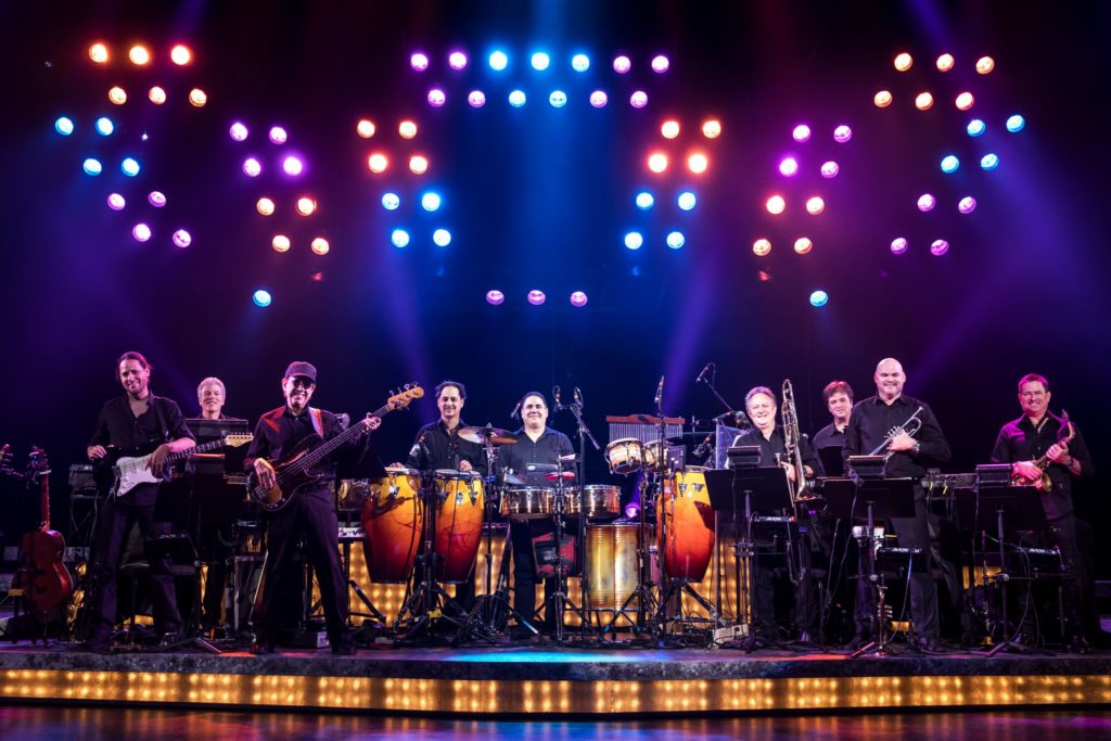 ON YOUR FEET! band featuring members of the Miami Sound Machine: Clay Ostwald (Music Director/Keyboard), Jorge Casas (bass), Edward Bonilla (percussion) and Theodore Mulet (trombone) in the Broadway On Tour presentation of ON YOUR FEET! Oct. 30 – Nov. 4, 2018 at the Sacramento Community Center Theater. Photo by Matthew Murphy.