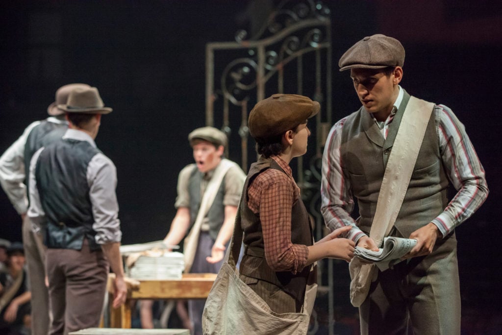 (from L to R) Josh Davis as Les and John Krause as Davey with the Company of DISNEY’S NEWSIES, produ