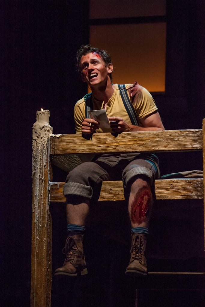 Blake Stadnik as Crutchie in DISNEY’S NEWSIES, produced by Broadway At Music Circus at the Wells Far