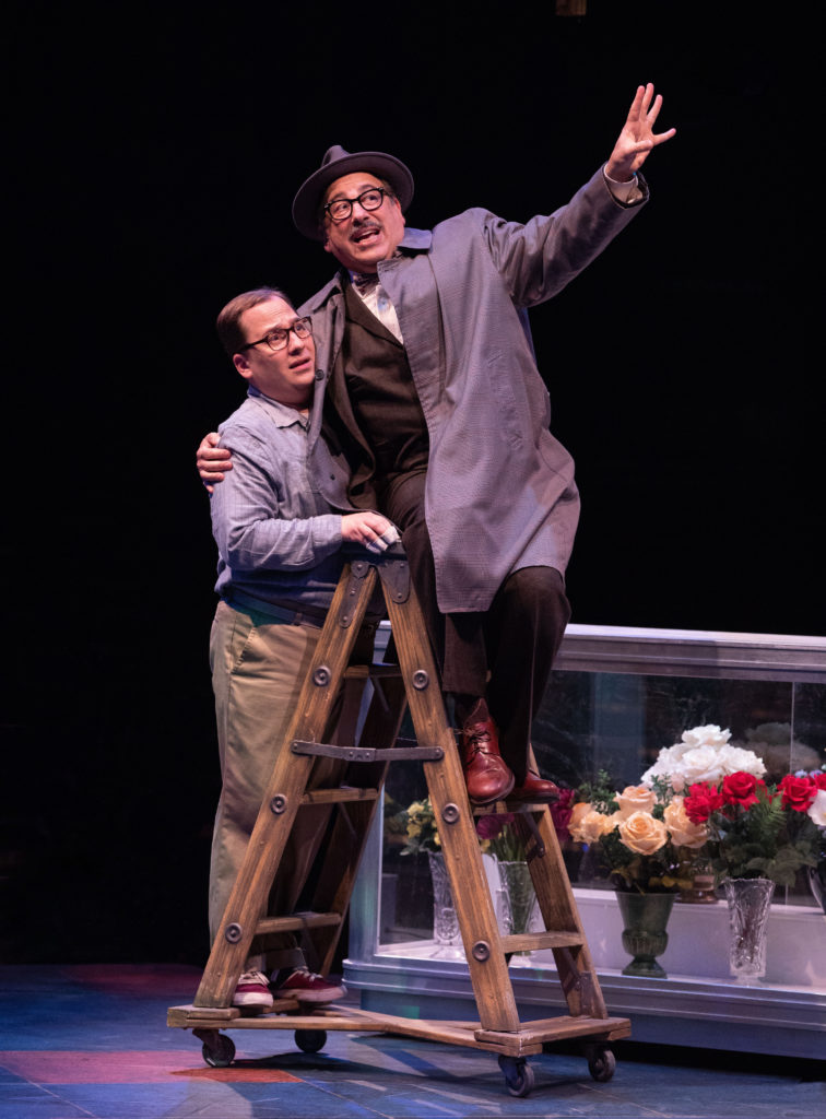 (left to right) Jared Gertner as Seymour and Michael Kostroff as Mushnik in LITTLE SHOP OF HORRORS p