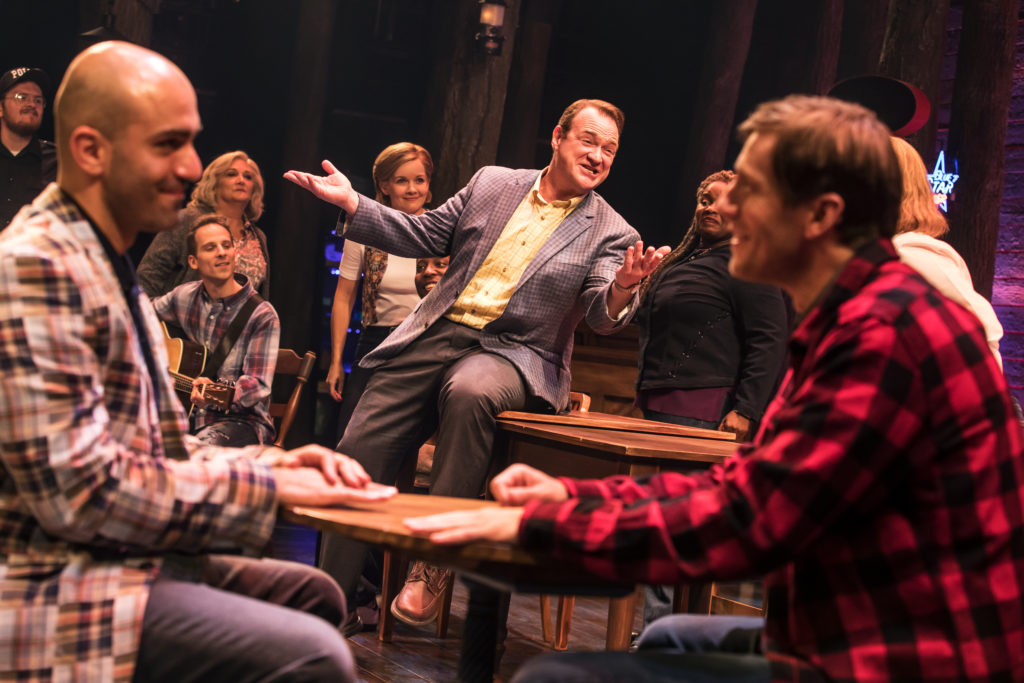 Nick Duckart, Kevin Carolan, Andrew Samonsky and the company of COME FROM AWAY presented by Broadway On Tour September 20 – 25, 2022 at Safe Credit Union Performing Arts Center. Photo by Matthew Murphy.