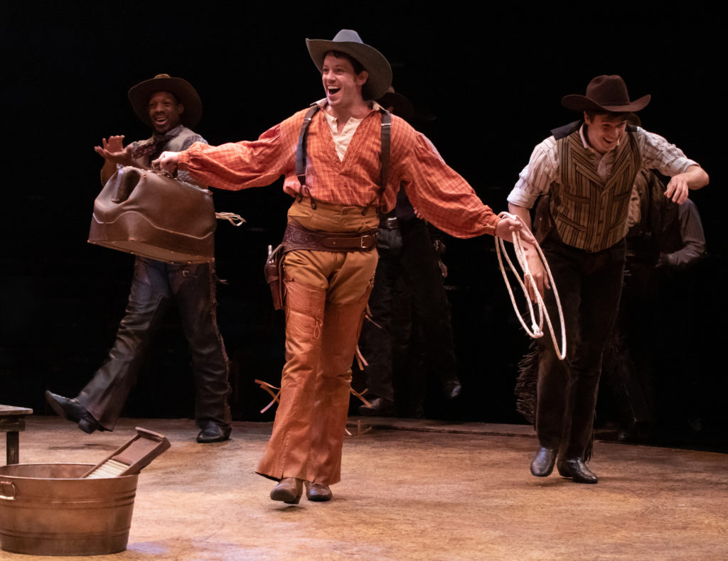 (L to R) Randy Castillo, Pierce Cassedy as Will Parker and Jonathan Savage as Slim in OKLAHOMA! produced by Broadway At Music Circus at the Wells Fargo Pavilion June 25-30. Photo by Charr Crail.