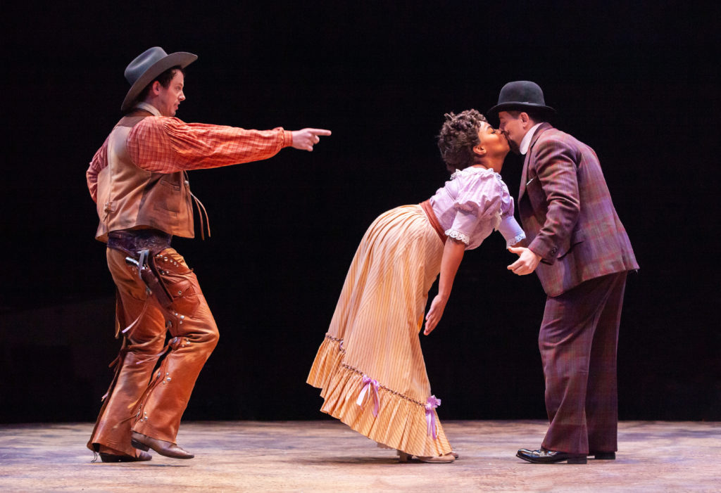 (L to R) Pierce Cassedy as Will Parker, Brit West as Ado Annie Carnes and Jeff Skowron as Ali Hakim in OKLAHOMA! produced by Broadway At Music Circus at the Wells Fargo Pavilion June 25-30. Photo by Charr Crail.