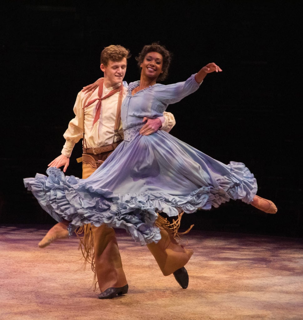 Conrad Sager as Dream Curly and Taeler Cyrus as Dream Laurey in OKLAHOMA! produced by Broadway At Music Circus at the Wells Fargo Pavilion June 25-30. Photo by Kevin Graft.