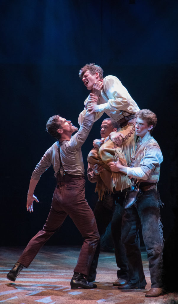 (L to R) Stephen Hanna as Dream Jud, Conrad Sager as Dream Curly, Adam Rogers and Cole Newburg in OKLAHOMA! produced by Broadway At Music Circus at the Wells Fargo Pavilion June 25-30. Photo by Kevin Graft.