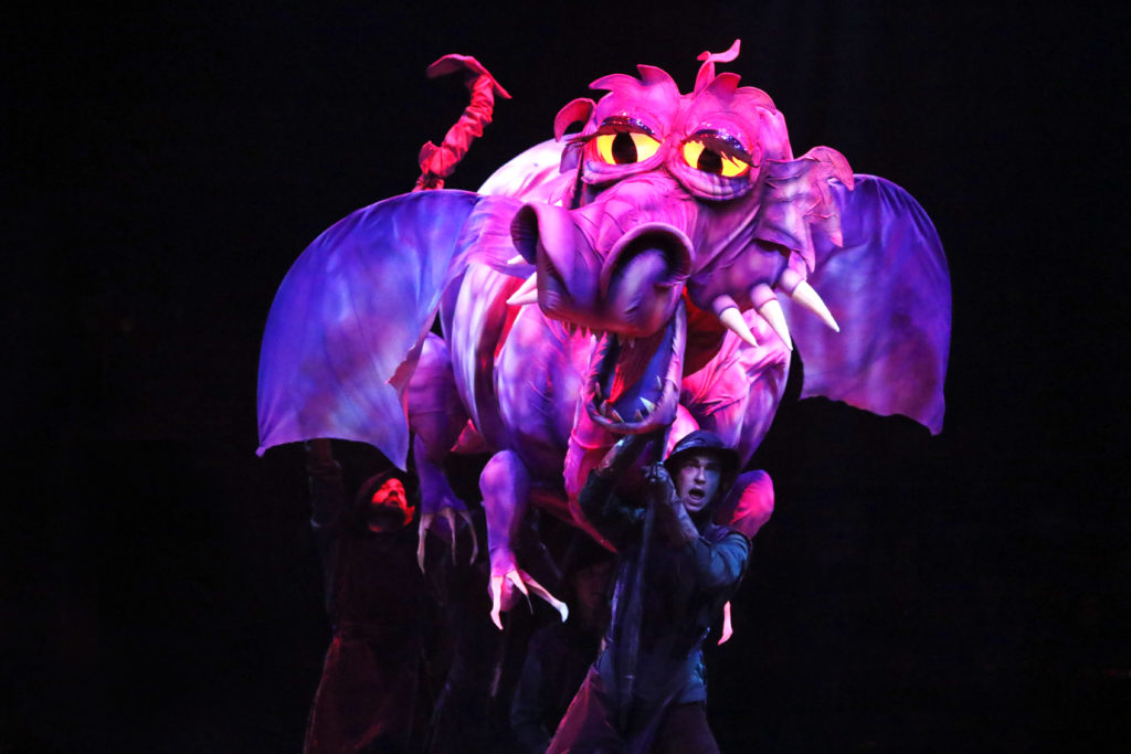 Dragon puppet by Richard Bay and the company of SHREK THE MUSICAL produced by Broadway At Music Circus at the Wells Fargo Pavilion June 11-16. Photo by Charr Crail.