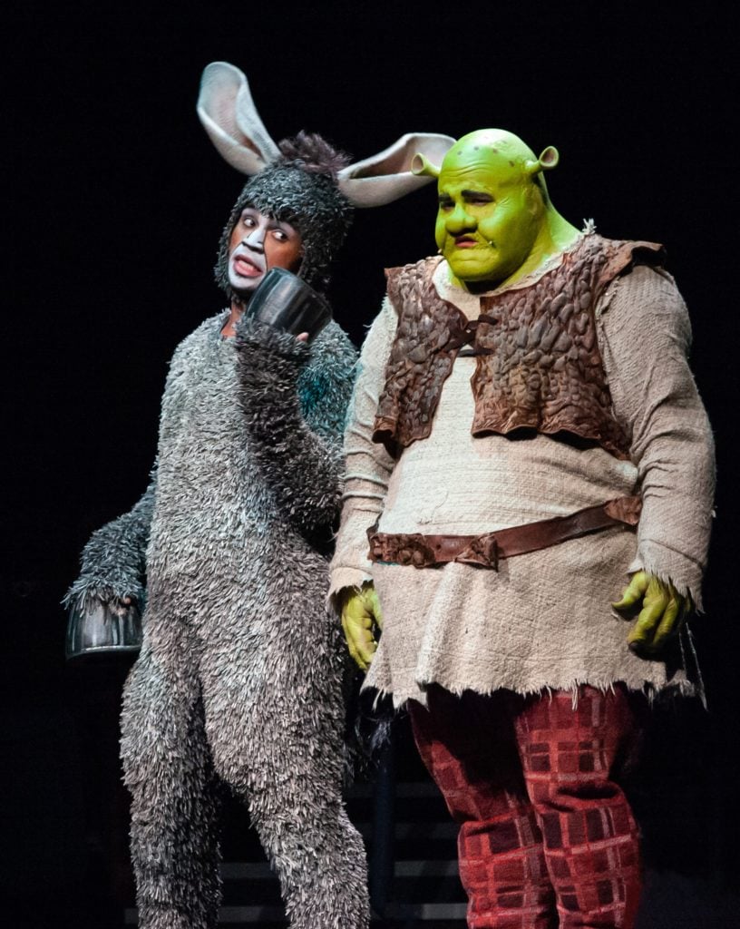 André Jordan as Donkey and Jacob Keith Watson as Shrek in SHREK THE MUSICAL produced by Broadway At Music Circus at the Wells Fargo Pavilion June 11-16. Photo by Charr Crail.