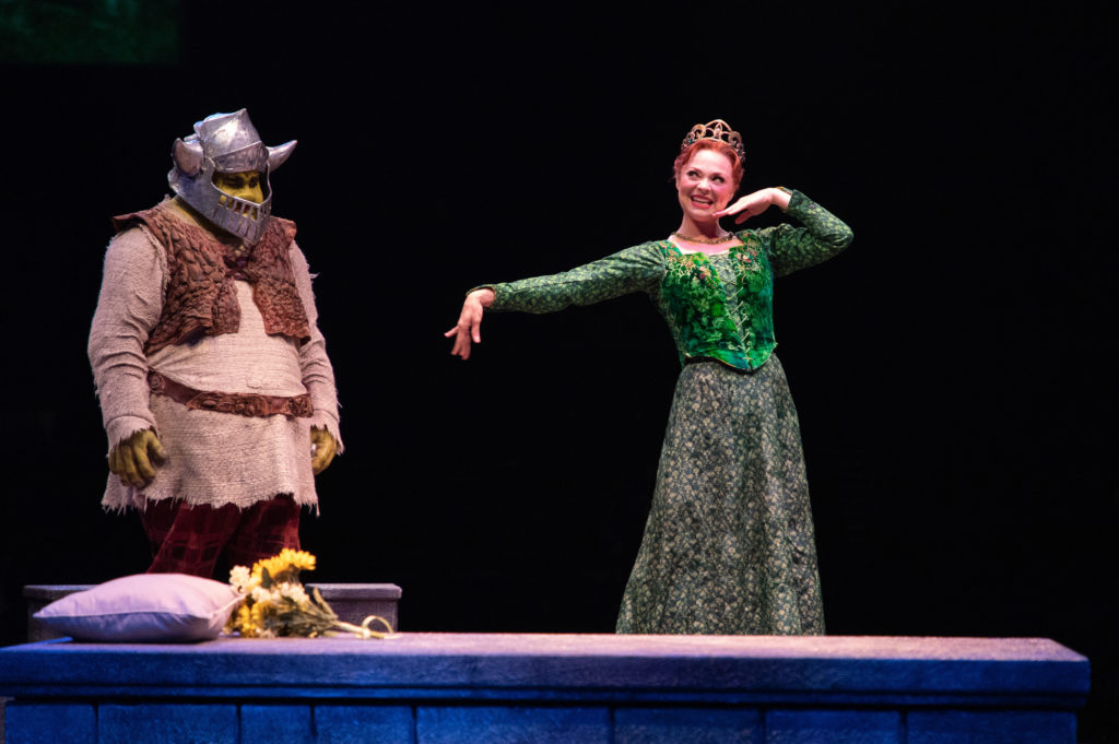 Jacob Keith Watson as Shrek and Kristen Beth Williams as Princess Fiona in SHREK THE MUSICAL produced by Broadway At Music Circus at the Wells Fargo Pavilion June 11-16. Photo by Kevin Graft.