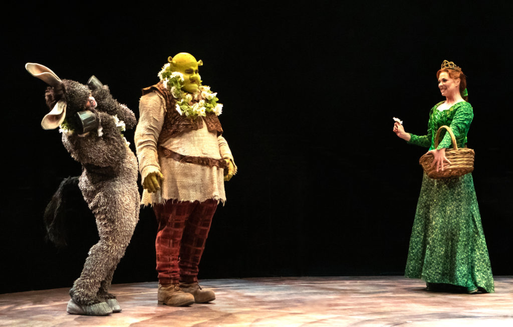 André Jordan as Donkey, Jacob Keith Watson as Shrek and Kristen Beth Williams as Princess Fiona in SHREK THE MUSICAL produced by Broadway At Music Circus at the Wells Fargo Pavilion June 11-16. Photo by Charr Crail.