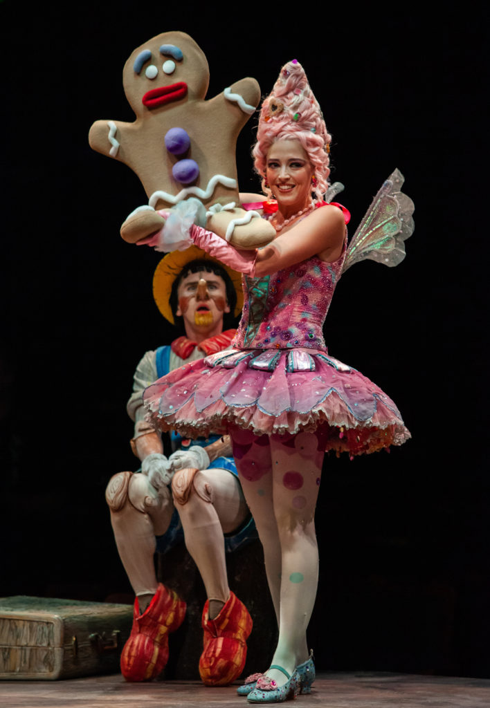 Tyler Jones as Pinocchio and Brittany Rose Hammond as Sugar Plum Fairy/Gingy, Gingy puppet by Richard Bay in SHREK THE MUSICAL produced by Broadway At Music Circus at the Wells Fargo Pavilion June 11-16.  Photo by Charr Crail.