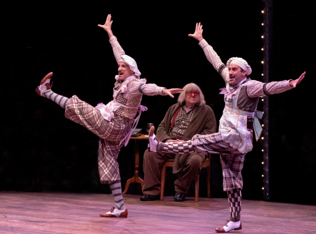 (L to R) Michael Paternostro as Gangster #2, Bruce Vilanch as Man in Chair and Brad Bradley as Gangster #1 in THE DROWSY CHAPERONE produced by Broadway At Music Circus at the Wells Fargo Pavilion July 9-14. Photo by Charr Crail.