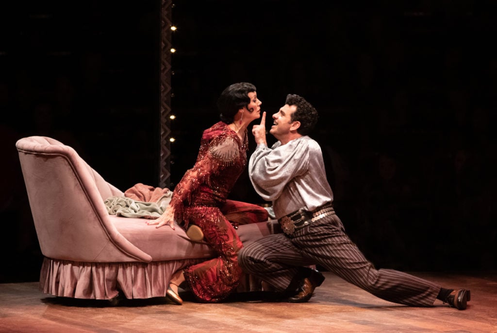 Lynne Wintersteller as The Drowsy Chaperone and Bradley Dean as Aldolpho in THE DROWSY CHAPERONE produced by Broadway At Music Circus at the Wells Fargo Pavilion July 9-14. Photo by Charr Crail.