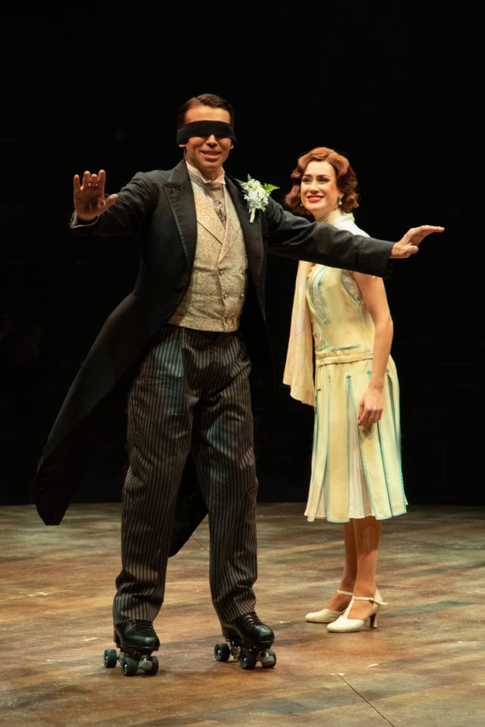 Matt Loehr as Robert Martin and Kaleigh Cronin as Janet Van de Graaff in THE DROWSY CHAPERONE produced by Broadway At Music Circus at the Wells Fargo Pavilion July 9-14. Photo by Kevin Graft.