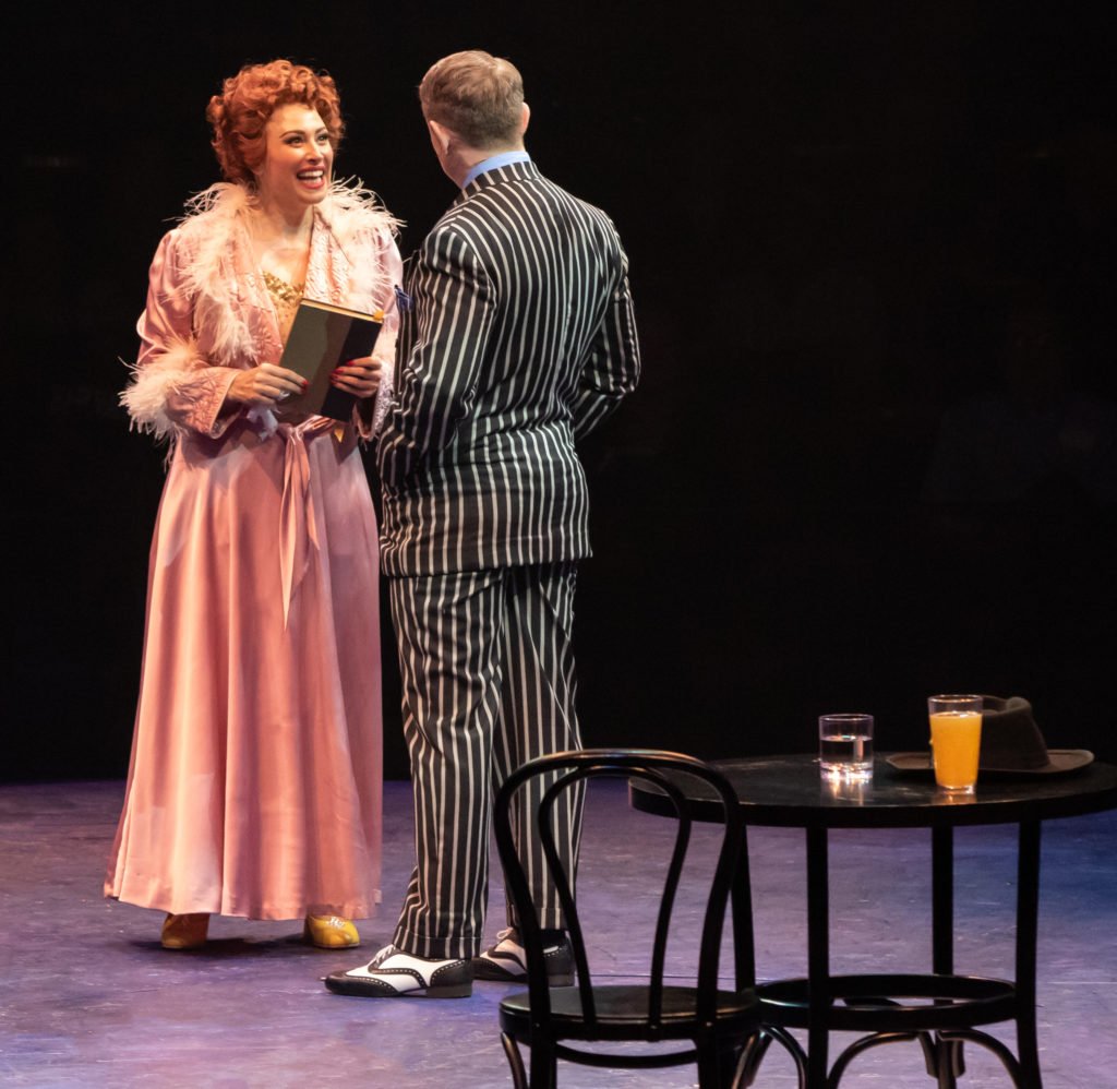 Lesli Margherita as Miss Adelaide and Jeff Skowron as Nathan Detroit in GUYS AND DOLLS produced by Broadway At Music Circus at the Wells Fargo Pavilion July 23-28. Photo by Charr Crail.