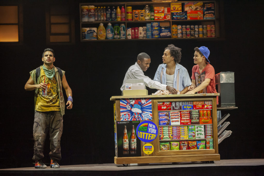 Edward Cuellar as Graffiti Pete, Gerald Caesar as Benny, Rodolfo Soto as Usnavi and David Merino as Sonny in the Broadway At Music Circus production of IN THE HEIGHTS at the Wells Fargo Pavilion August 20-25. Photo by Charr Crail.