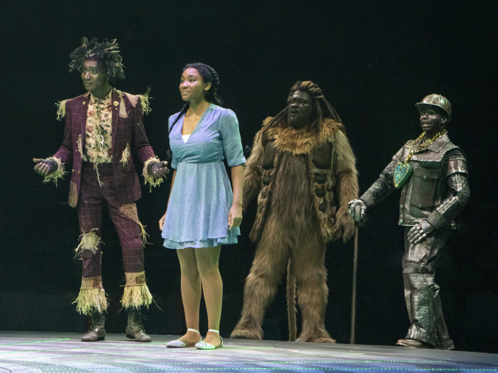 (L to R) Kevin Smith Kirkwood as Scarecrow, Adrianna Hicks as Dorothy, Phillip Boykin as Lion and James T. Lane as Tinman in THE WIZ produced by Broadway At Music Circus at the Wells Fargo Pavilion August 6-11. Photo by Charr Crail.