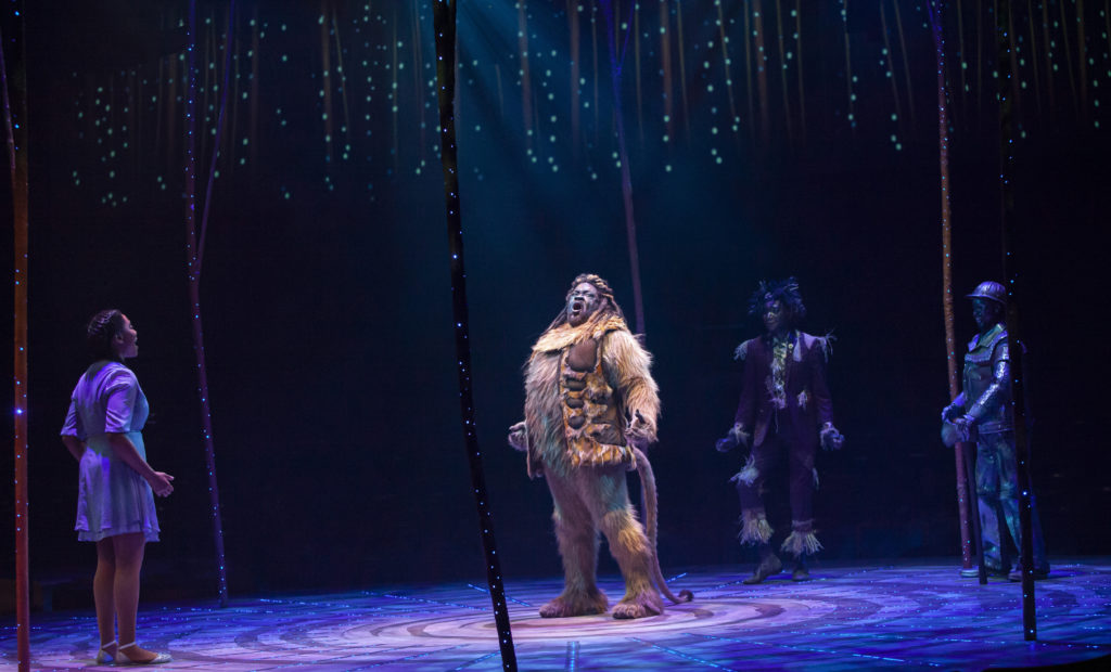 (L to R) Adrianna Hicks as Dorothy, Phillip Boykin as Lion, Kevin Smith Kirkwood as Scarecrow and James T. Lane as Tinman in THE WIZ produced by Broadway At Music Circus at the Wells Fargo Pavilion August 6-11. Photo by Charr Crail.