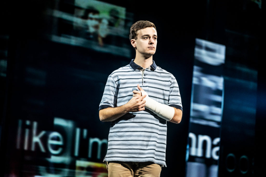 Stephen Christopher Anthony as Evan Hansen and the company of DEAR EVAN HANSEN presented by Broadway On Tour Jan. 15-26, 2020 at the Memorial Auditorium. Photo by Matthew Murphy. 
