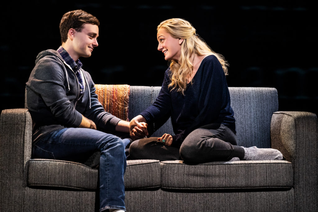 Stephen Christopher Anthony as Evan Hansen and Jessica E. Sherman as Heidi Hansen in DEAR EVAN HANSEN presented by Broadway On Tour Jan. 15-26, 2020 at the Memorial Auditorium. Photo by Matthew Murphy.