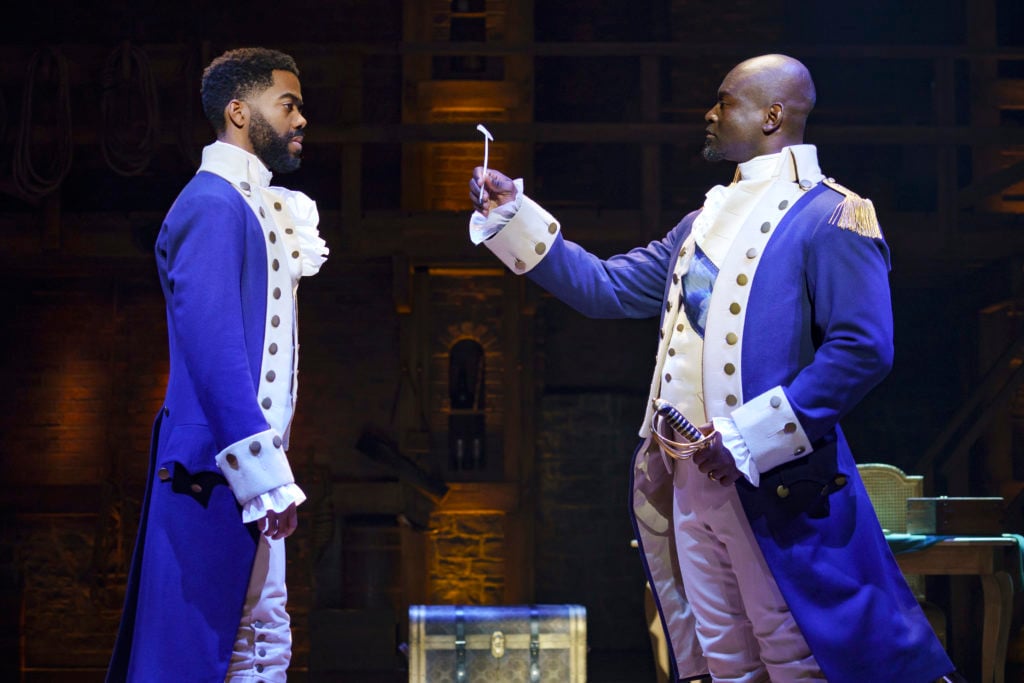 Julius Thomas III and Isaiah Johnson in HAMILTON presented by Broadway On Tour September 15 – October 10, 2021 at the SAFE Credit Union Performing Arts Center. Photo by Joan Marcus.