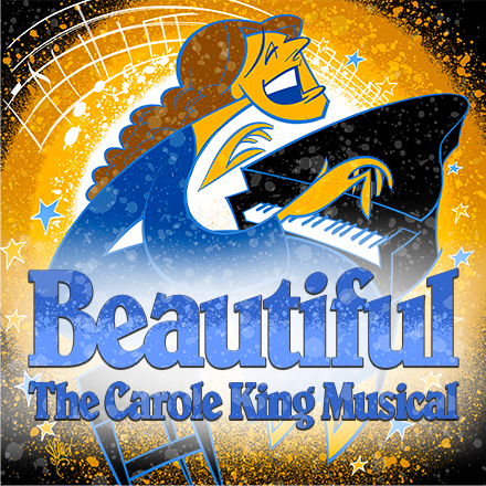 A cover image for Beautiful the Carole King Musical, depicting a cartoon version of Carole King playing a piano.