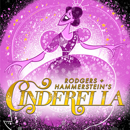 A cover image for Rodgers and Hammerstein's Cinderella, depicting a cartoon version of Cinderella mid dress transformation.