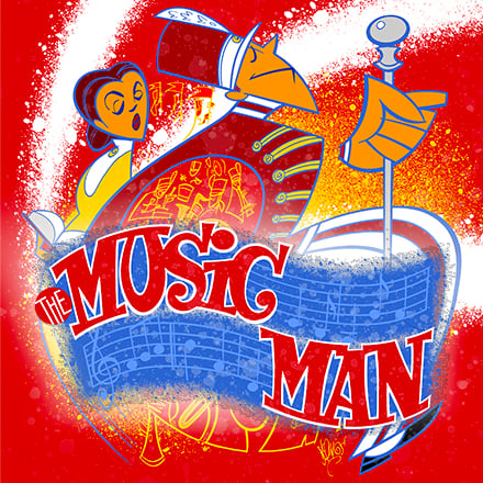 A cover image for The Music Man, depicting a cartoon version of the lead characters marching, followed by a band.