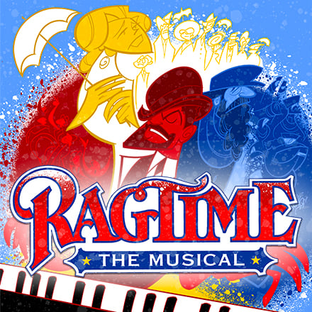 A cover image for Ragtime The Musical, depicting a cartoon version of the lead characters playing piano with dreamy looks on their faces.