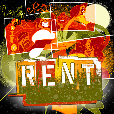 A cover image for Rent, depicting a cartoon versions of the lead characters taking photos amid their daily lives.
