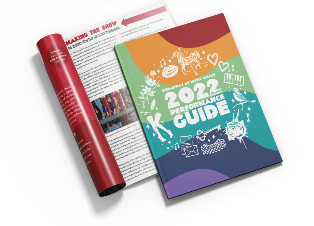 An image of the 2022 Broadway At Music Circus Performance Guide. The guide is bright and colorful and features iconography from each show in that season in a circular pattern. 

There is also an interior page featured. Showing some of the contents of the guide. 