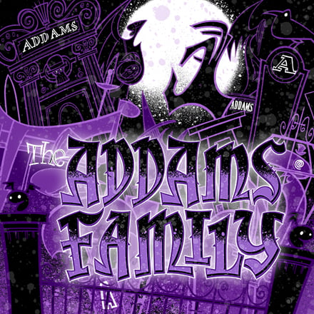 A cover image for The Addams Family, depicting a cartoon version of the Addams family graveyard.