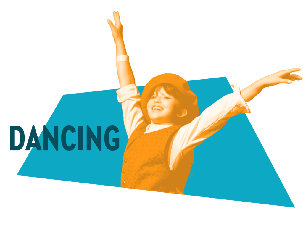 A picture of a child dancing with a large smile on their face and wide arching arms. They are framed by a fun shape in bright colors. The word "Dancing" is displayed in the shape as well.