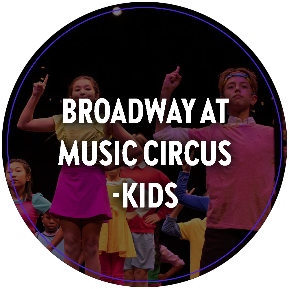 A circular image of children performing in unison wearing bright colored outfits.  Text in the center of the image reads "Broadway At Music Circus - Kids". 

You can click the image to redirect to the Broadway At Music Circus Kids web page. 