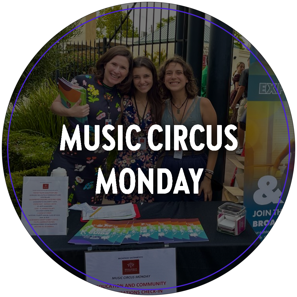 A circular image of three Broadway Sacramento employees smiling as they hand out Performance Guides during a Music Circus Monday event. Music Circus Monday is the final dress rehearsal of Broadway At Music Circus productions where under served community groups and guests are invited to watch. Text in the center of the image reads "Music Circus Monday". 

You can click the image to redirect to the Music Circus Monday web page. 