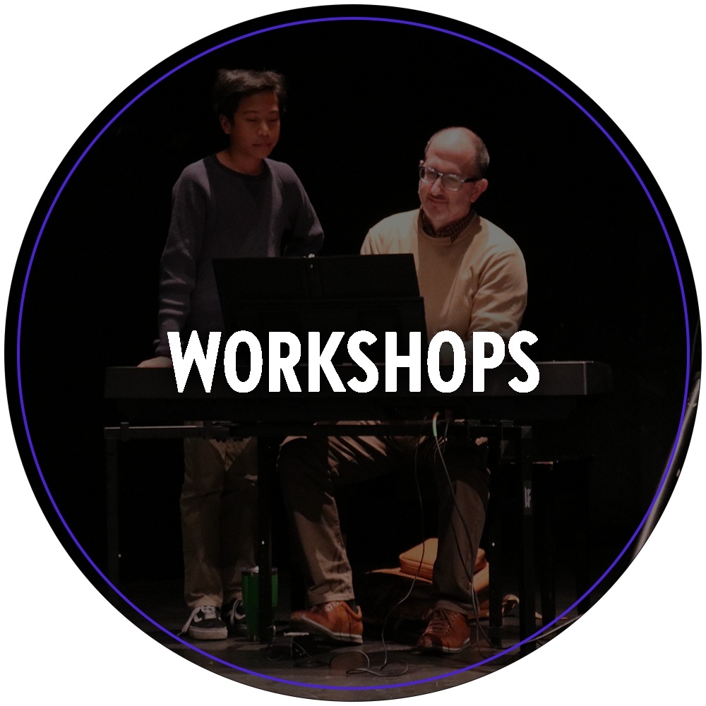 A circular image of a young performer practicing music with their instructor. They are sitting at a piano. Text in the center of the image reads "Workshops". 

You can click the image to redirect to the Workshops web page.