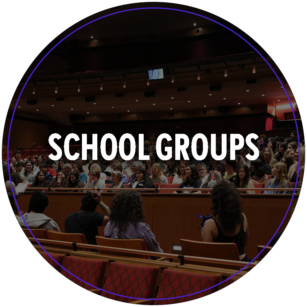 A circular image of a large group of students sitting in the large SAFE Performing Art Center. They are listening to a group of performers speak as part of Broadway Sacramento's talk back series . Text in the center of the image reads "School Groups". 

You can click the image to redirect to the School Groups web page. 