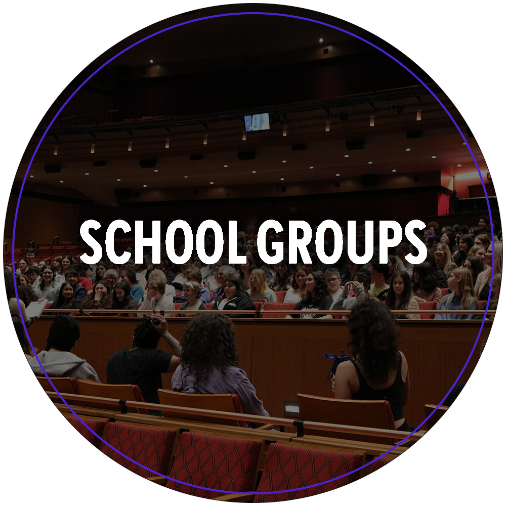 A circular image of a large group of students sitting in the large SAFE Performing Art Center. They are listening to a group of performers speak as part of Broadway Sacramento's talk back series . Text in the center of the image reads "School Groups". 

You can click the image to redirect to the School Groups web page. 