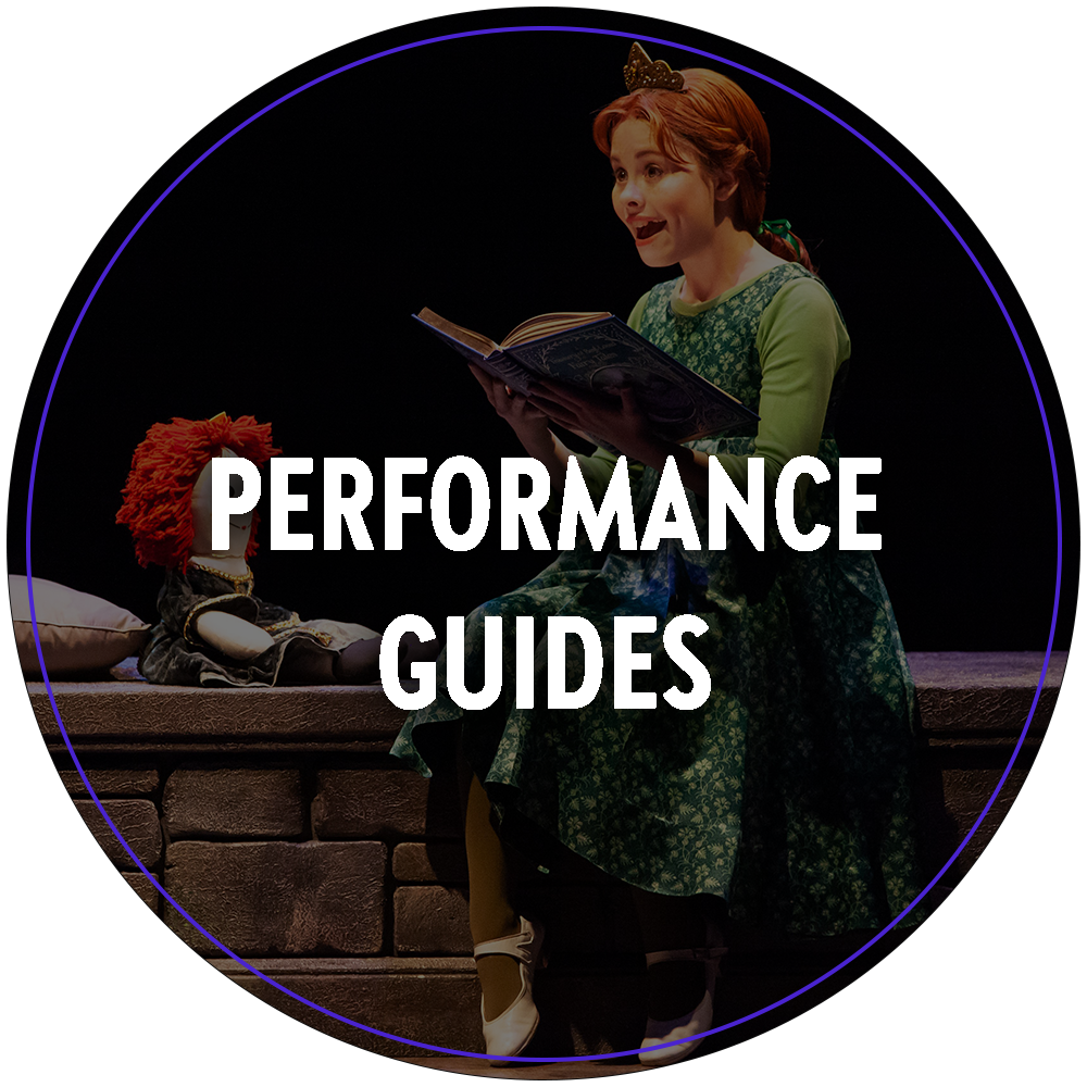 A circular image of a young performer in The Broadway At Music Circus 2020 production of Shrek The Musical. She is reading a book. Text in the center of the image reads "Performance Guides". 

You can click the image to redirect to the Performance Guides web page. 