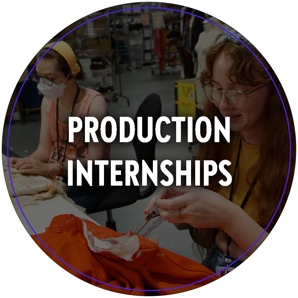 A circular image of college age students working in production. They are sewing costumes. Text in the center of the image reads "Production Internships". 

You can click the image to redirect to the Production Internships web page.