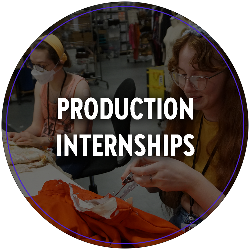 A circular image of college age students working in production. They are sewing costumes. Text in the center of the image reads "Production Internships". 

You can click the image to redirect to the Production Internships web page.