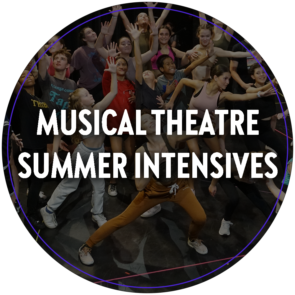 A circular image of a large group of performers striking dramatic poses with their instructor. Text in the center of the image reads "Musical Theatre Summer intensives". 

You can click the image to redirect to the Musical Theatre Summer intensives web page. 