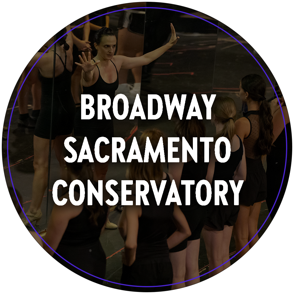 A circular image of a group of young performers being taught by an instructor. Text in the center of the image reads "Broadway Sacramento Conservatory". 

You can click the image to redirect to the Broadway Sacramento Conservatory web page. 