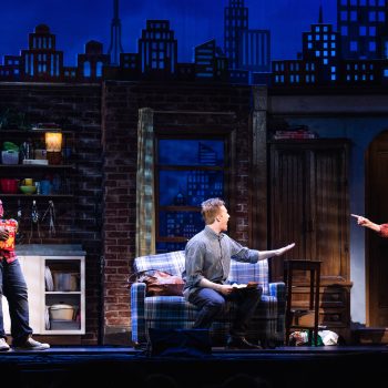 Jared David Michael Grant as Jeff Slater, Drew Becker as Michael Dorsey, and Payton Reilly as Sandy Lester in the National Tour of TOOTSIE. Photo by Evan Zimmerman for MurphyMade.