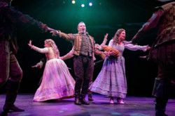 (L to R) Halli Toland as Portia, Matt Loehr as Nick Bottom and Jackie Burns as Bea in the Broadway At Music Circus production of SOMETHING ROTTEN! at the UC Davis Health Pavilion July 26-31. Photo by Kevin Graft.